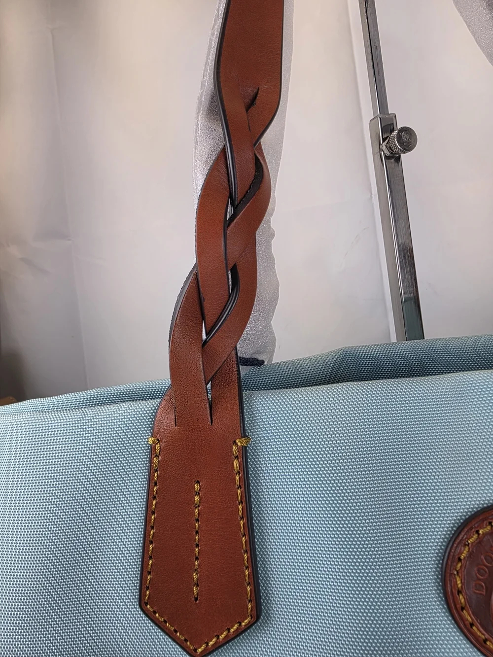 Dooney & Bourke Blue Nylon Shopper Tote Large Bag Brown Braid Leather Handles
